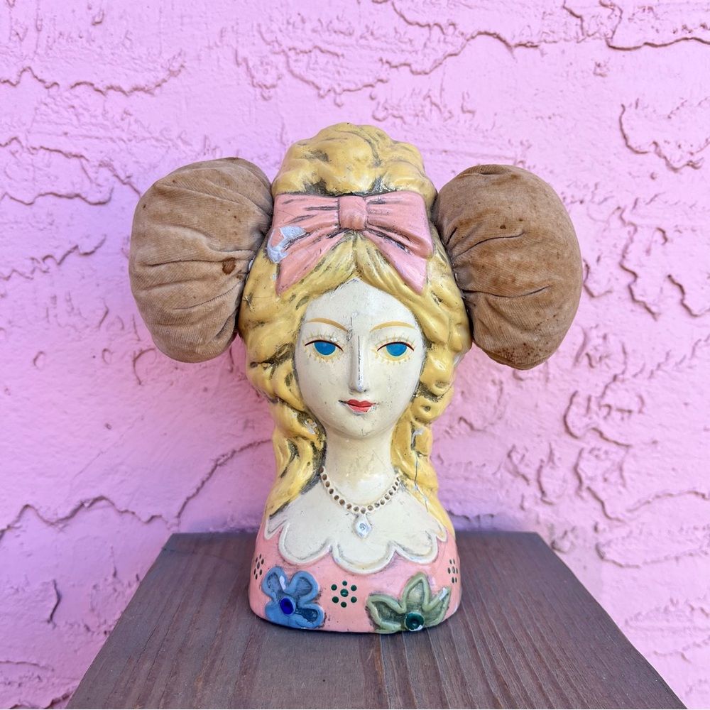 Vintage Paper Mache Pincushion Sewing Vanity Display Woman Girl Flaw